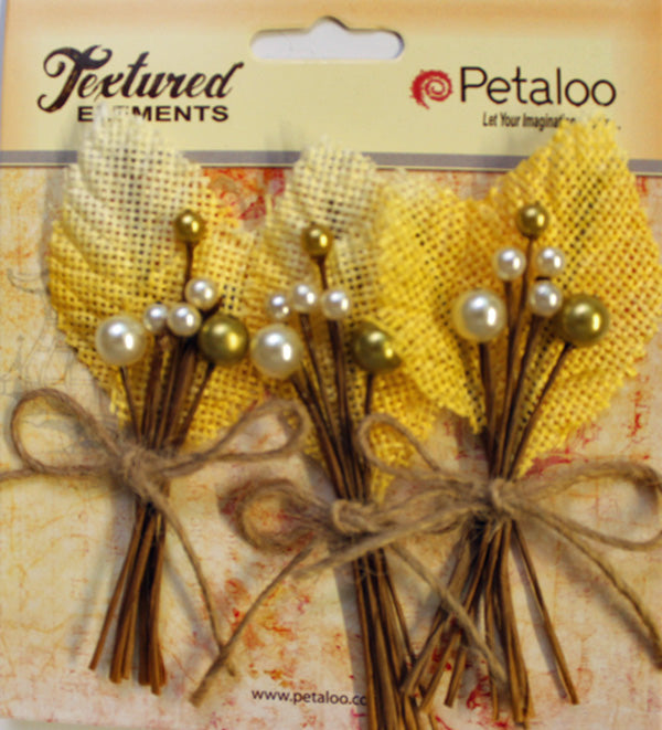 Petaloo Burlap leaves and picks yellow - Paper Roses Scrapbooking